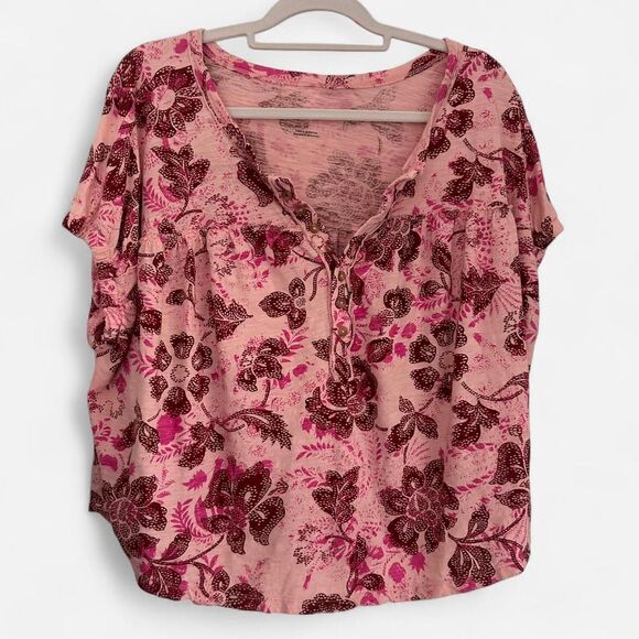 Pilcro (Anthropologie) Pink Floral Ruched Henley Tee – Large Petite - Picture 3 of 6